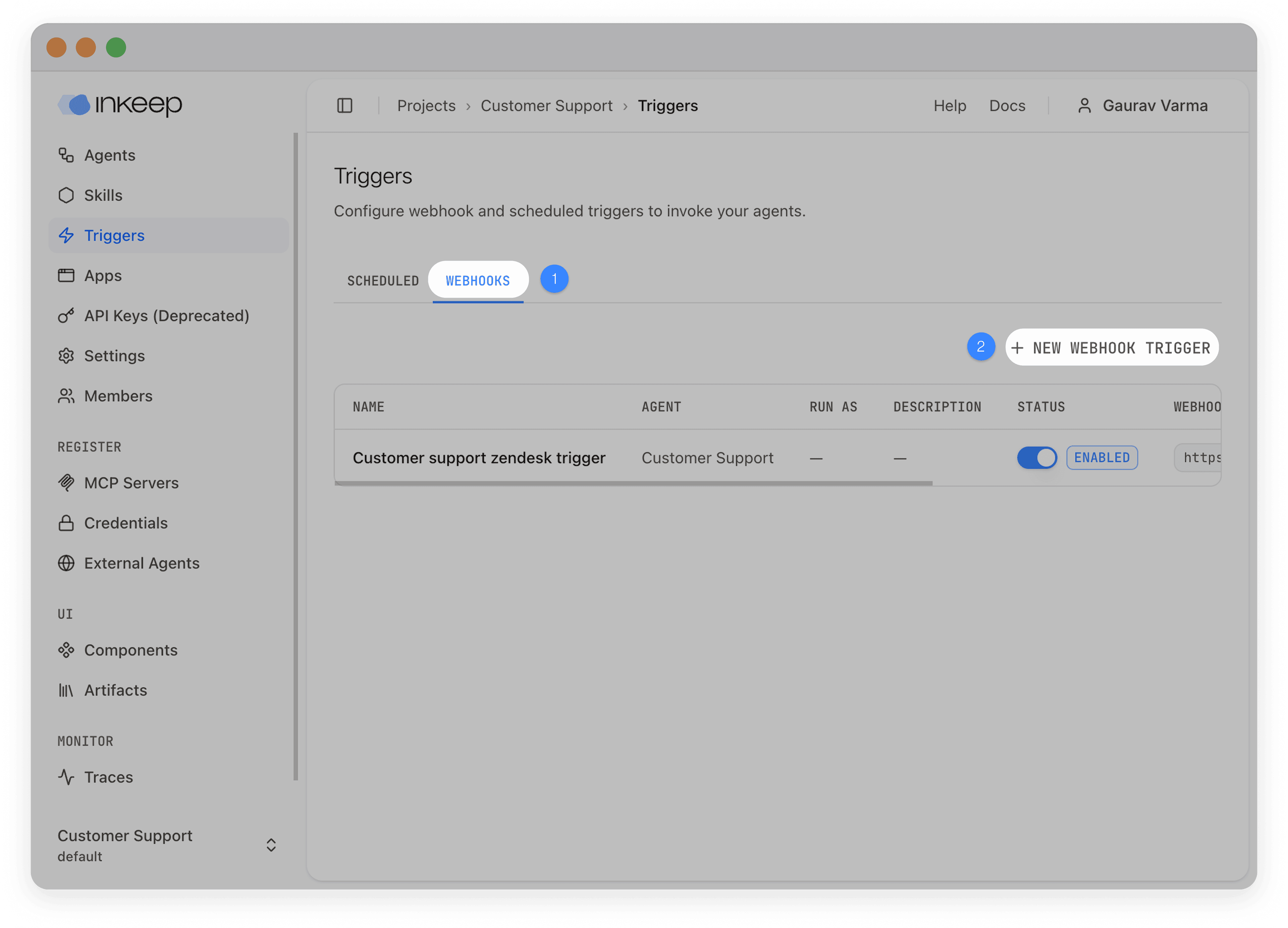 Webhooks tab with the New Webhook Trigger button